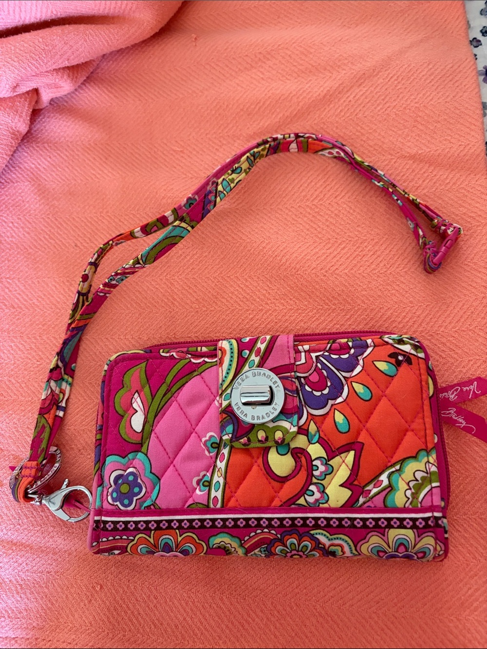 Vera Bradley Pink Orange Multi Quilted Wristlet with Floral Paisley